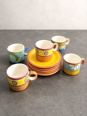 Vintage Vega Hand Painted Espresso Coffee Cup Saucer Set Ecuador Set of 5